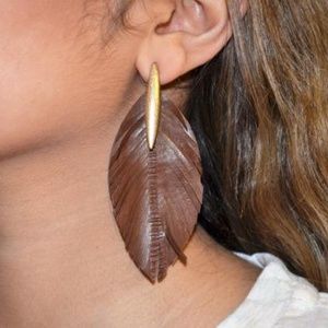 Brown Leather Fringe Earrings with Gold Accents